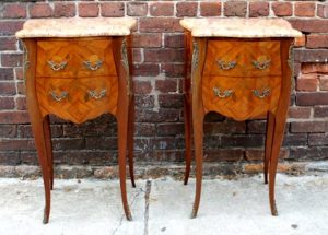 PAIR Old French Marquetry Inlaid and Ormolu Louis XV Style Mounted Two-Drawer Kingwood Marble Top Chairside or Bedside Tables