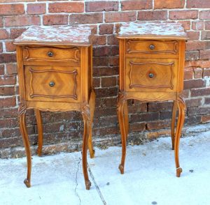 PAIR of Antique French Louis XV Style Parquetry Walnut Marble Top Bedside or Chairside Tables