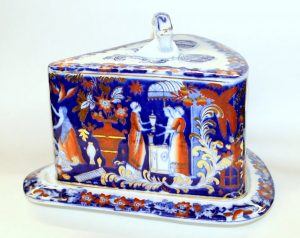 Antique English Staffordshire Earthenware Floco Blue and Imari "Clobbed" Cheese Dish