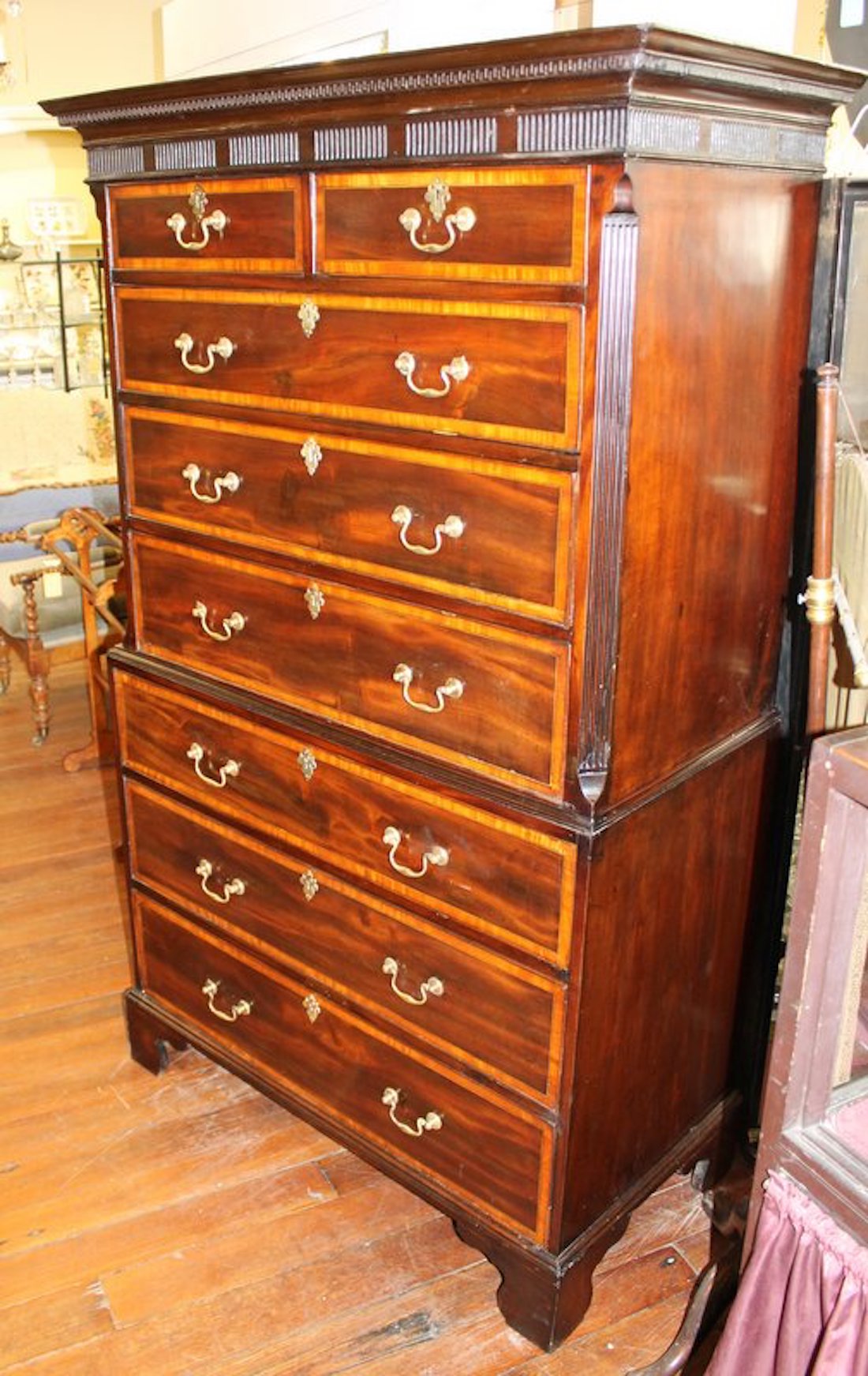 Antique English George III. Satinwood Inlaid Flame or Crotch Mahogany Chippendale Style Chest on Chest - Image 18