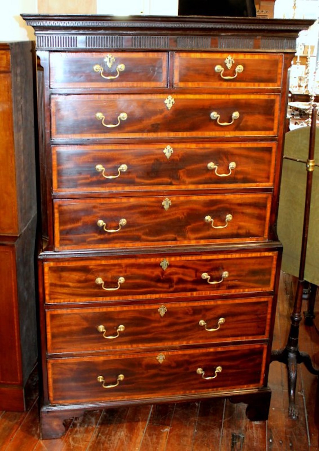 Antique English George III. Satinwood Inlaid Flame or Crotch Mahogany Chippendale Style Chest on Chest