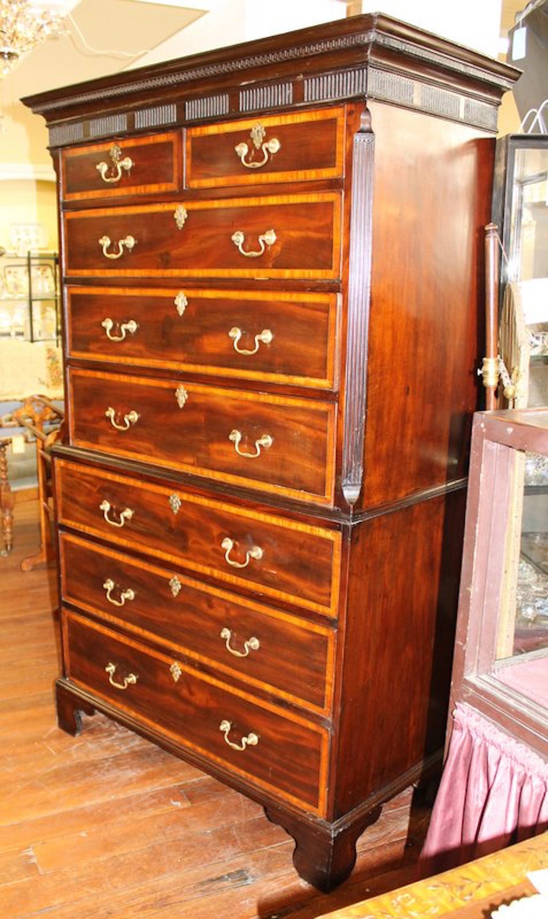 Antique English George III. Satinwood Inlaid Flame or Crotch Mahogany Chippendale Style Chest on Chest - Image 11