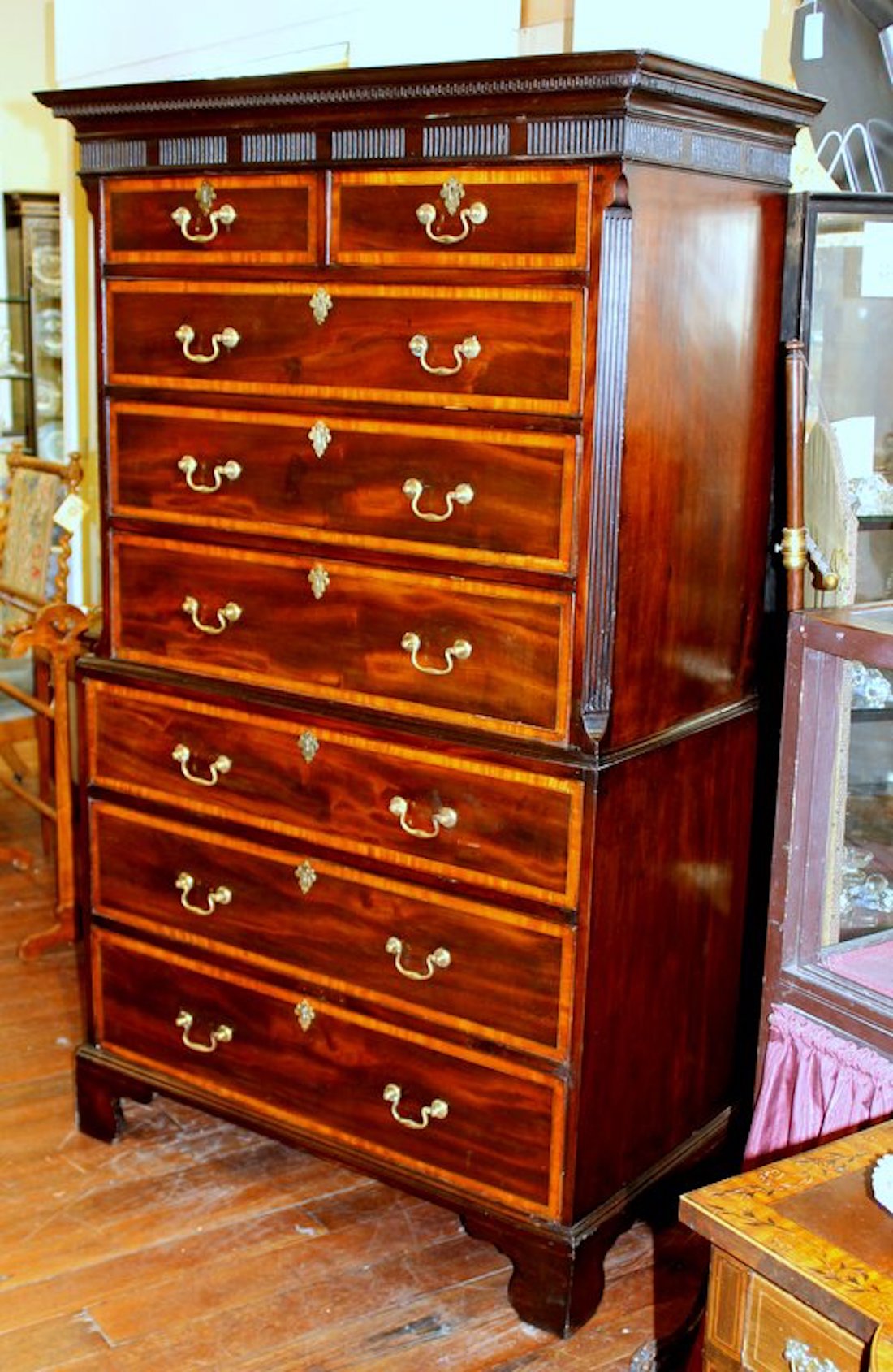 Antique English George III. Satinwood Inlaid Flame or Crotch Mahogany Chippendale Style Chest on Chest - Image 9