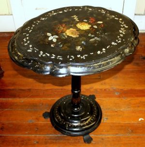 Antique English Victorian Hand Painted and Pearl Inlaid Lacquered Papier Mache Occasional Table